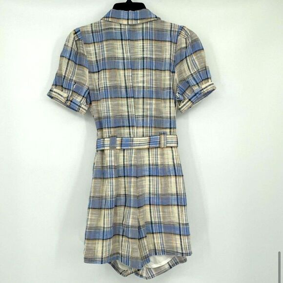 J.O.A. Plaid Belted Romper in Blue and Beige size medium - Picture 3 of 11